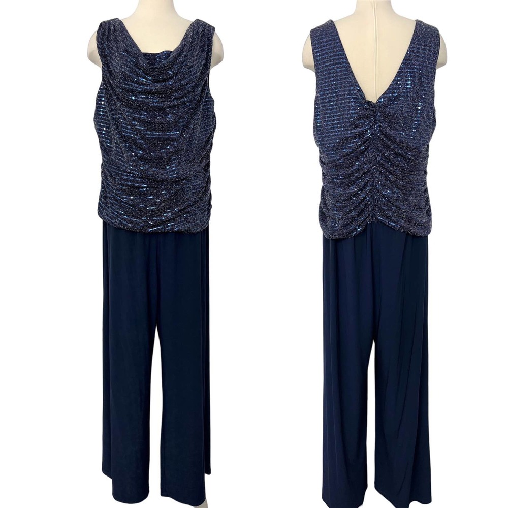 R&M Richards Navy Sequin Embellished Jumpsuit Sleeveless Evening | Size: 22W